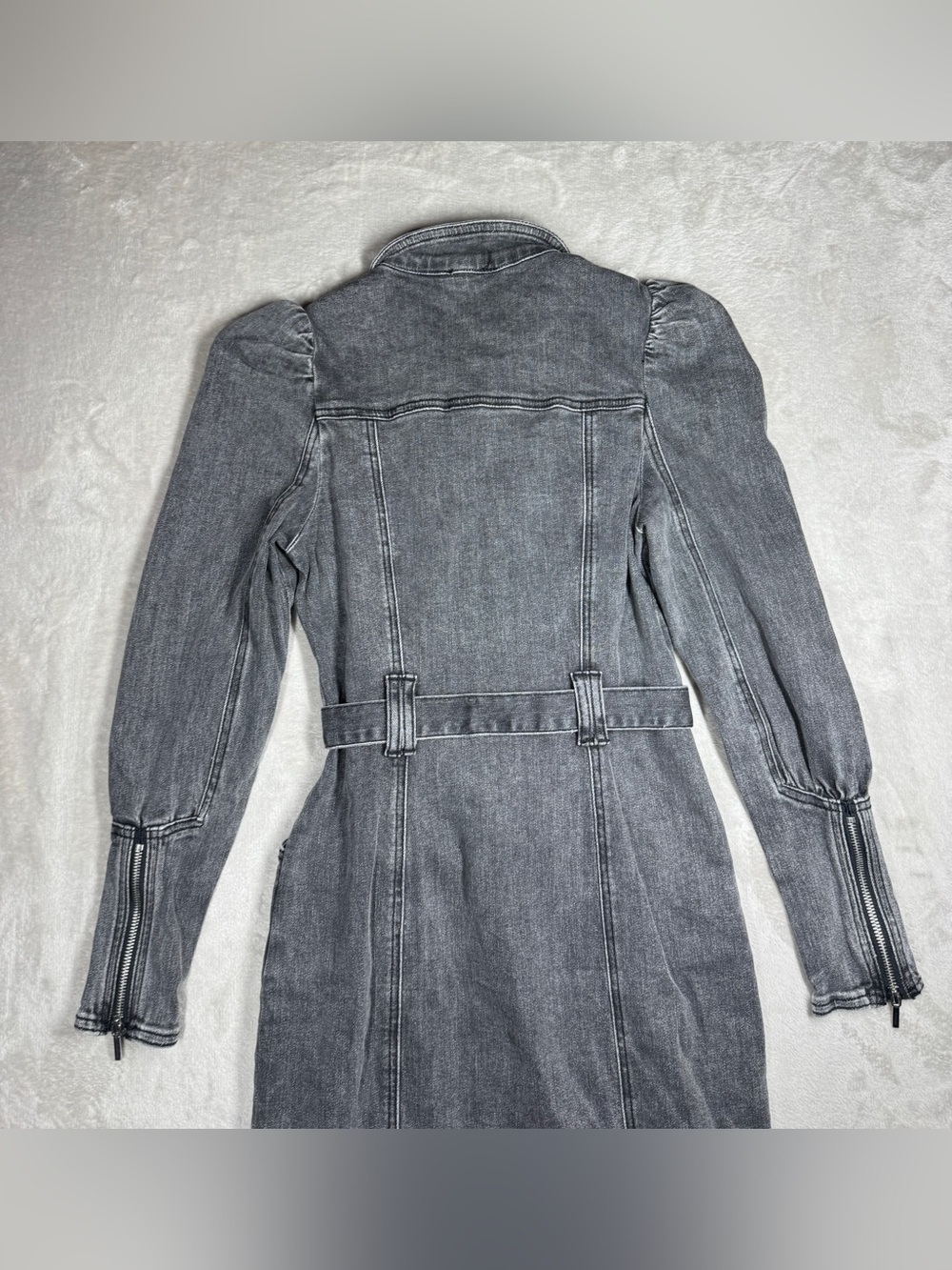 Bebe Puff Sleeves Faded Black Denim Jean Buttoned Belted Mini Dress Size 2 - Picture 13 of 16